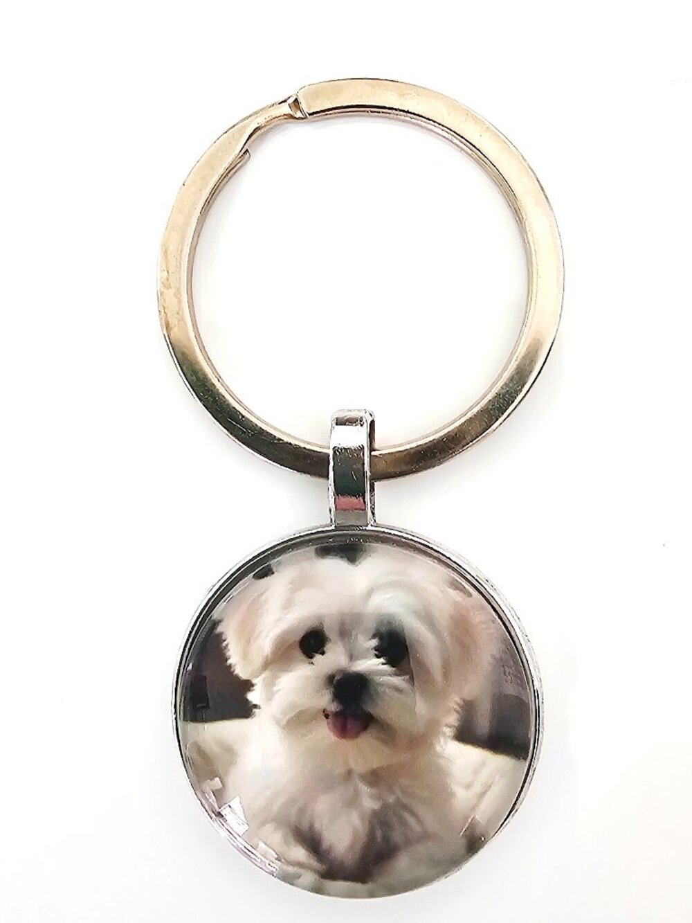 Maltese Puppy Dog Keychain Unisex Cute White Fluffy Pet Glass Dome Silver Gift